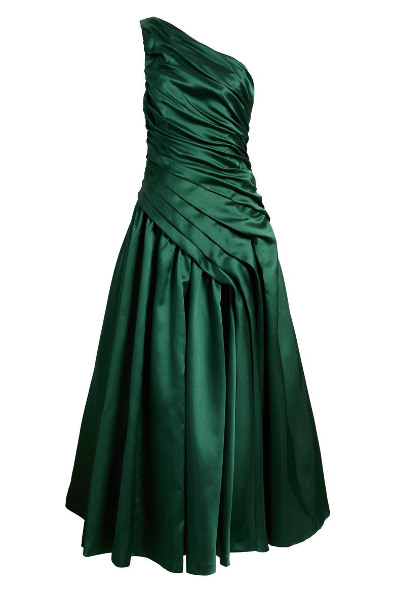 Lisa Ruched One-Shoulder Matte Satin Gown, Alternate, color, SPRUCE
