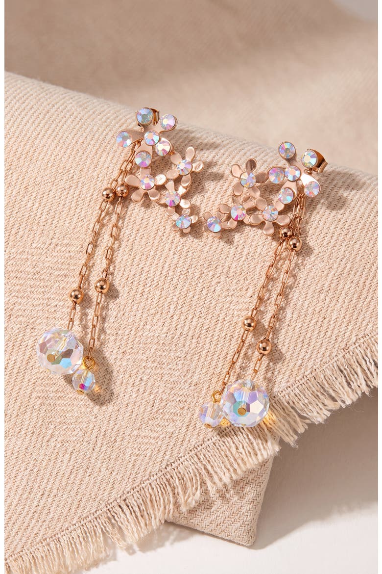 Crystal Flower Drop Earrings with Dangle Chains, Alternate, color, Rose Gold