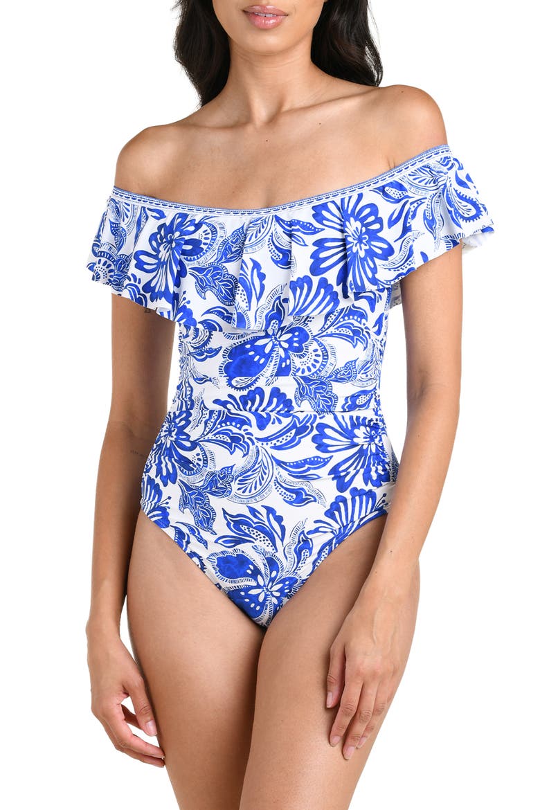 Botanical Brocade Ruffle Off the Shoulder One-Piece Swimsuit, Main, color, LAPIS