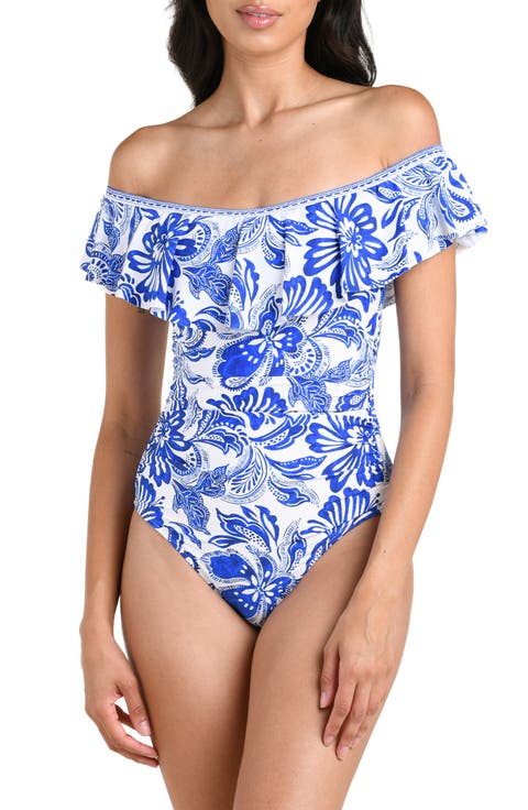 Botanical Brocade Ruffle Off the Shoulder One-Piece Swimsuit