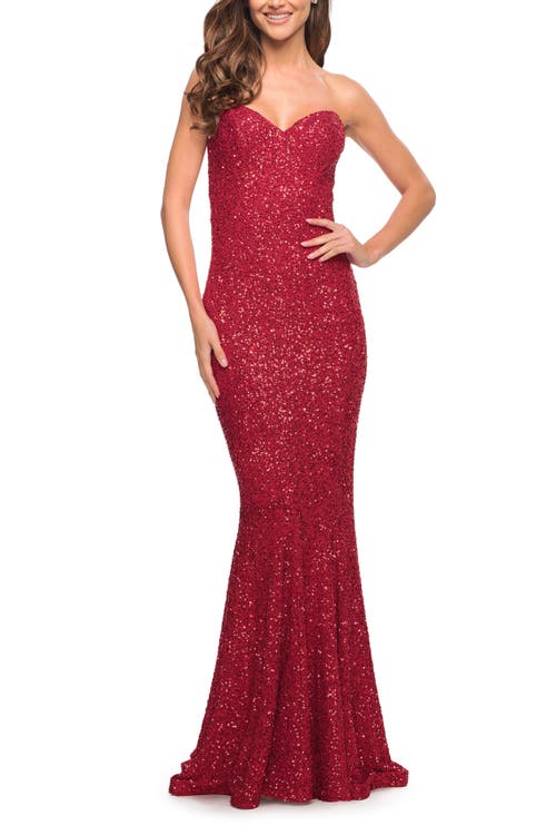 La Femme Strapless Sweetheart Luxe Sequin Gown In Red