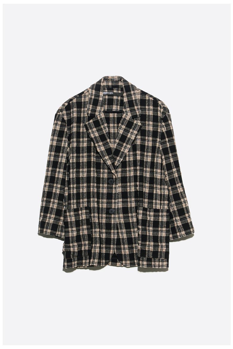 Checked Straight Tailored Wool Blazer, Alternate, color, BLACK