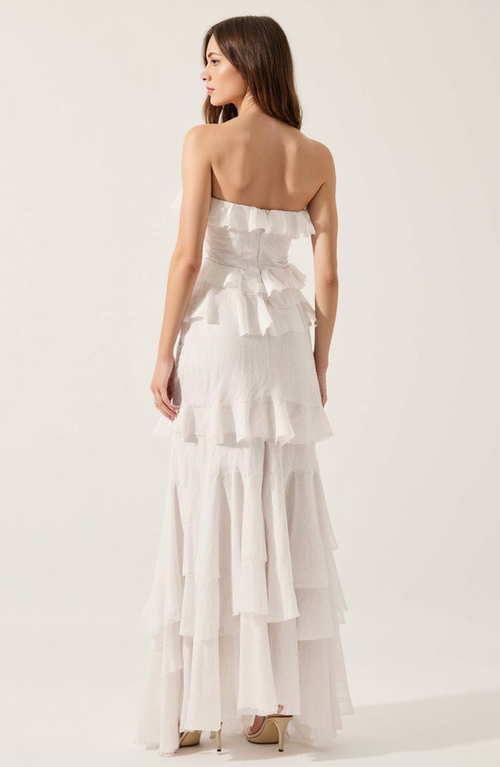 Modenaire Strapless Raw Edge Tiered Ruffle Maxi Dress In White