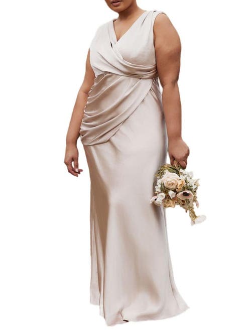 Six Stories Plunge Drape Satin Bridesmaid Dress In Brown