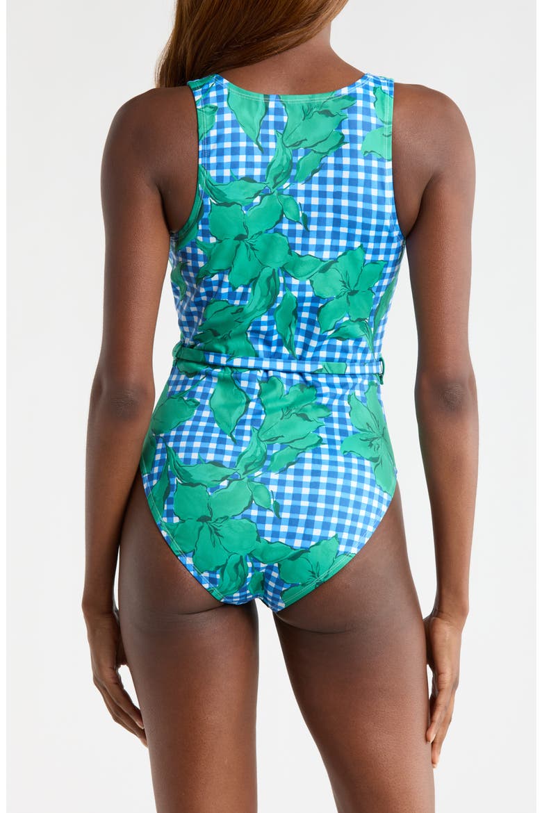 Belted One-Piece Swimsuit, Alternate, color, COBALT/TEAL FLORAL