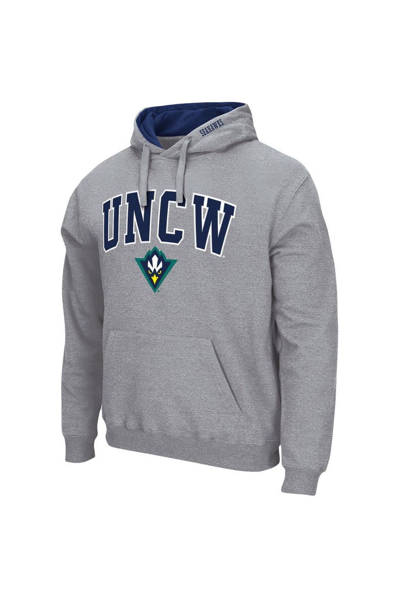 Men's Colosseum Heathered Gray UNC Wilmington Seahawks Arch and Logo Pullover Hoodie, Alternate, color, Heather Gray