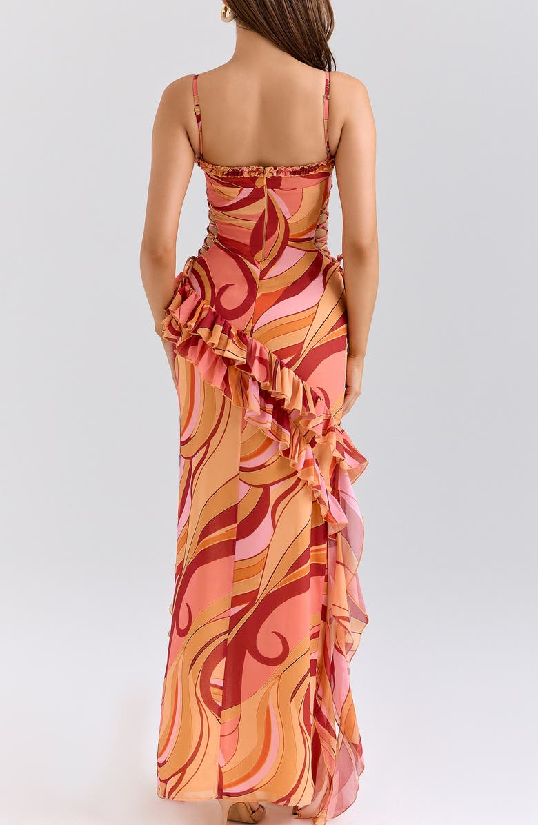 HOUSE OF CB Lumira Print Ruffle Gown, Alternate, color, Sunset Swirl Print