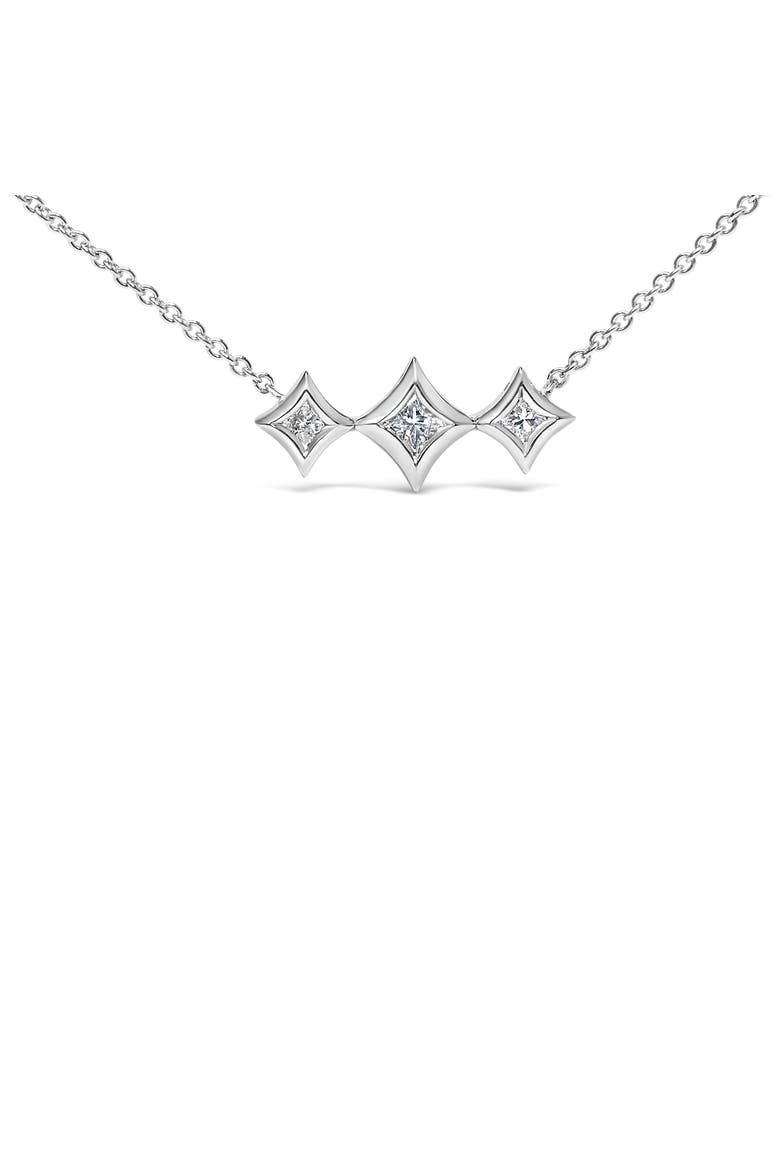 10K White Gold Bezel Set Diamond 3 Stone Kite Shape and Station Necklace, Alternate, color, White