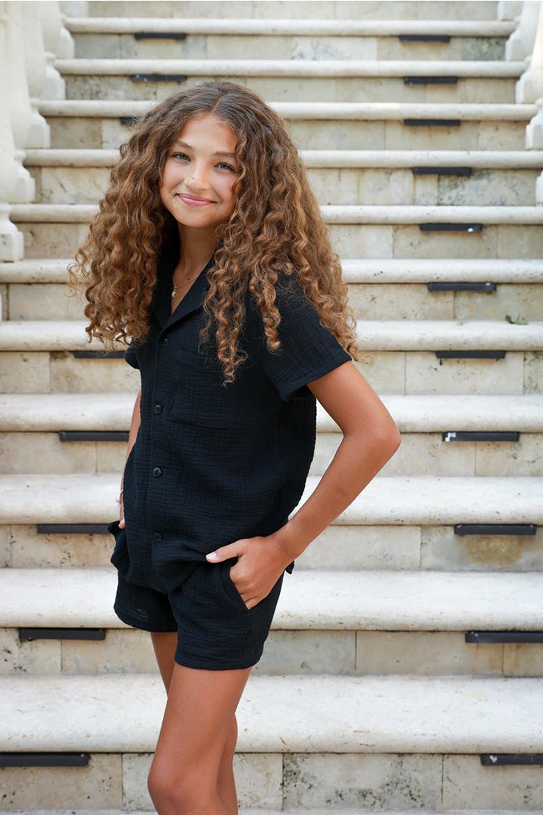 Organic Cotton Camp Collar Waffle Shirt, Alternate, color, Black
