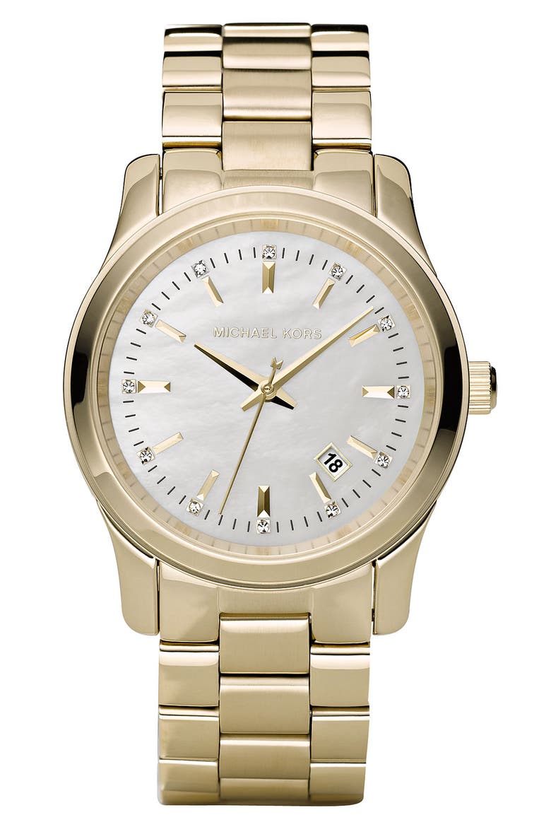 Michael Kors 'Runway' Crystal Index Watch, Main, color, MOP/ GOLD