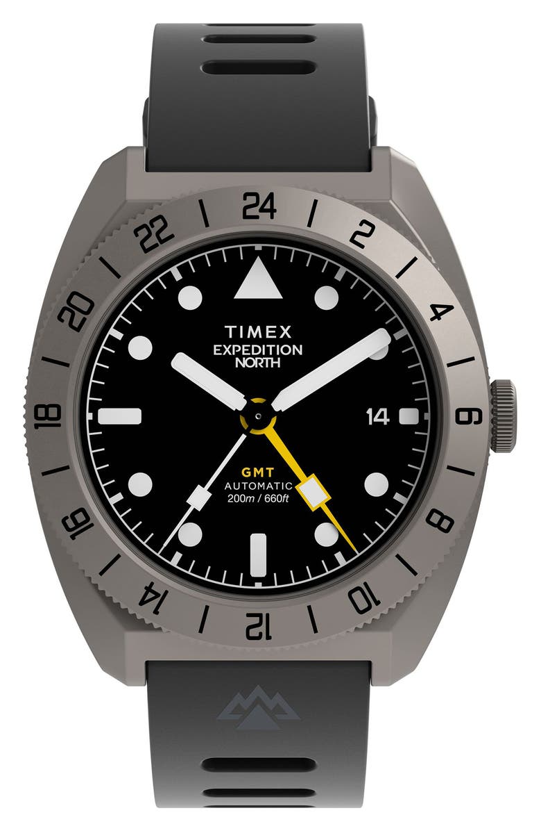 Timex<sup>®</sup> Expedition North<sup>®</sup> GMT Titanium Automatic Silicone Strap Watch, 41mm, Main, color, Black
