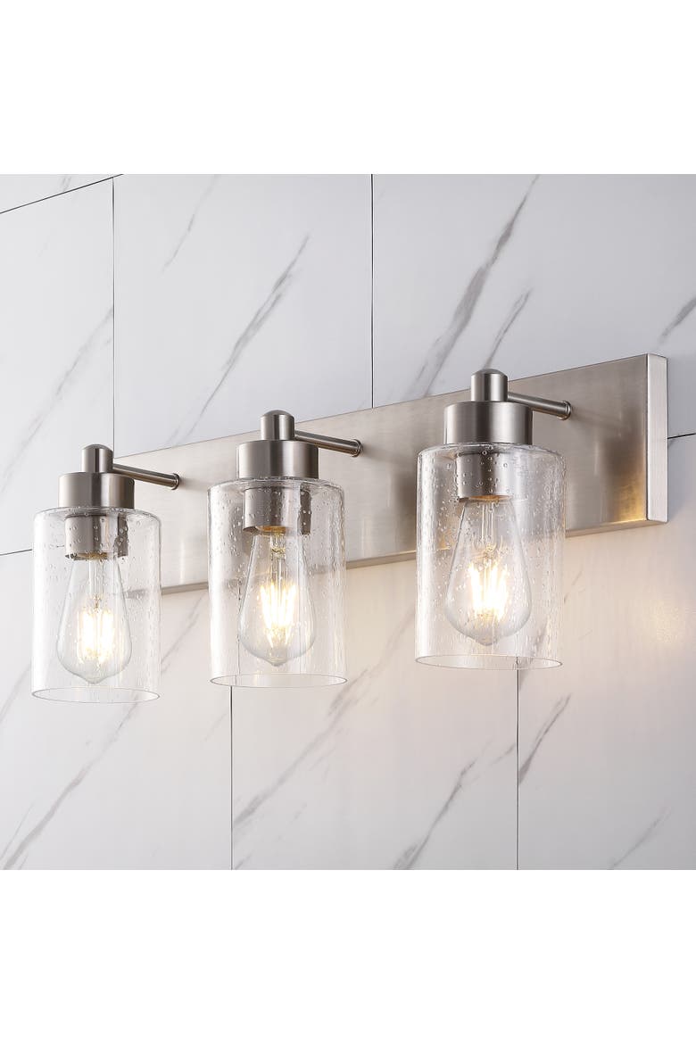 Irving 3-Light Seeded Glass/Iron Modern Contemporary LED Vanity Light, Alternate, color, Nickel with clear shade