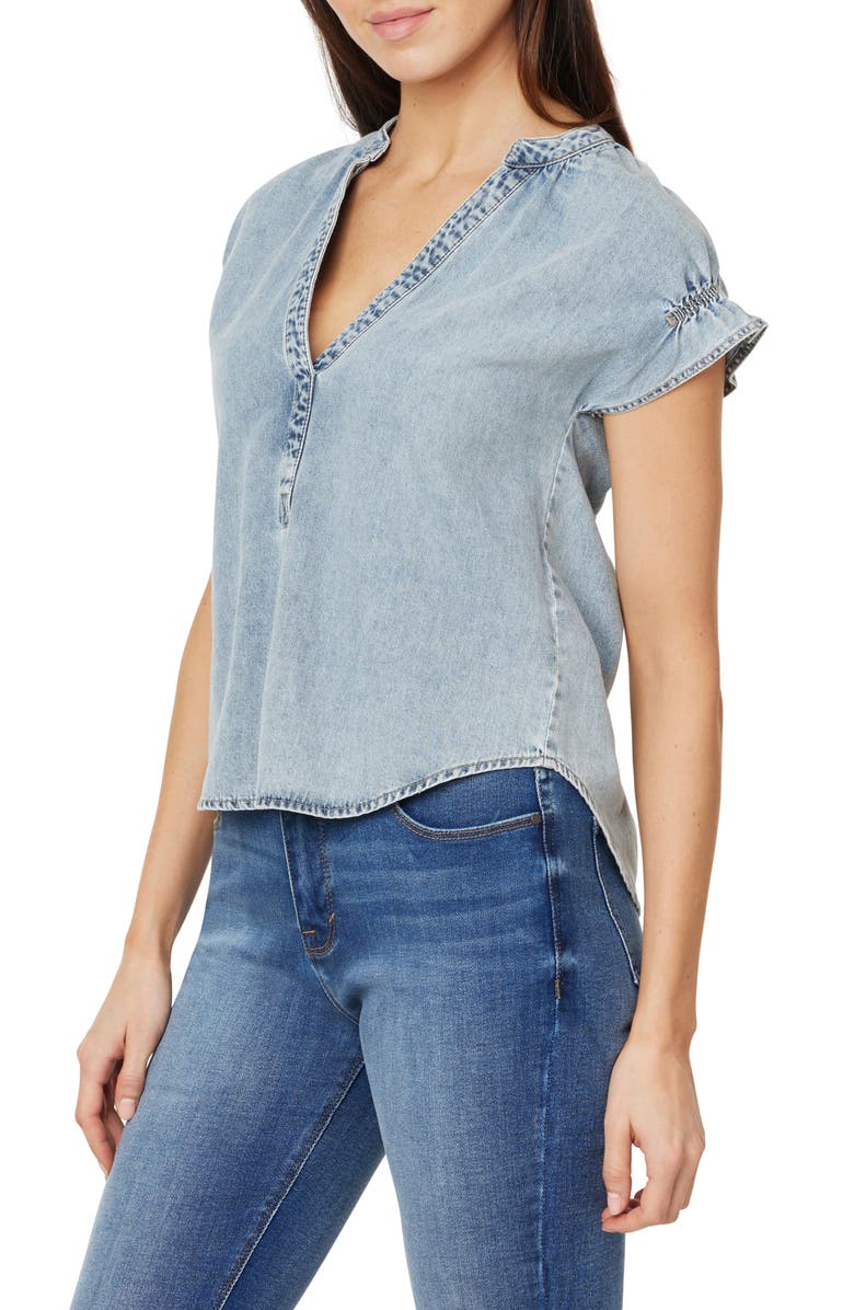 CURVE APPEAL Ruffle Short Sleeve Denim Top, Alternate, color, Cadiz