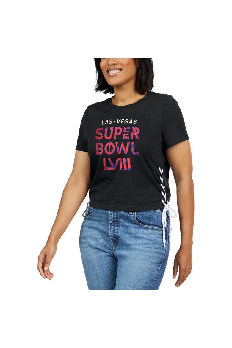 Women's WEAR by Erin Andrews Black Super Bowl LVIII Cropped Lace-Up T-Shirt, Alternate, color, Black