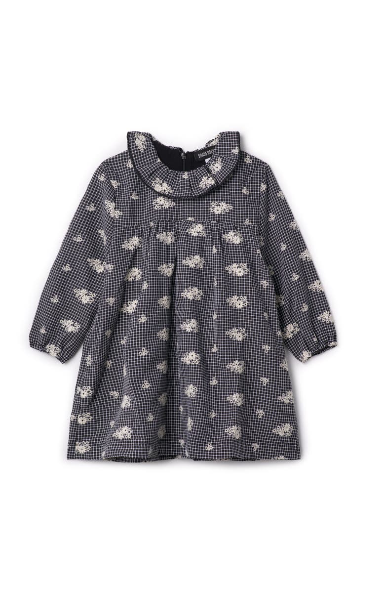 Space Grey Checkered Embroidered A-Line Dress, Main, color, Black