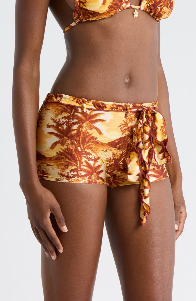 Kulani Kinis Lettuce Edge Tie Belt Swim Shorts, Alternate, color, Vintage Vacay