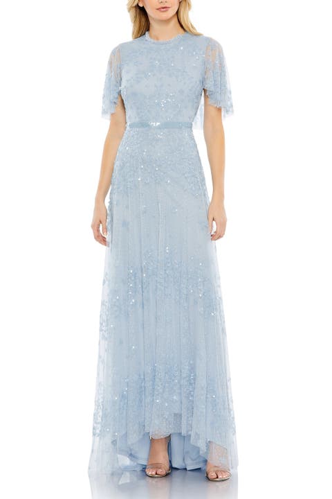 Sequined High Neck Flutter Sleeve A Line Gown