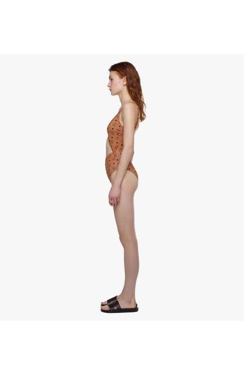 Mcm Monogram-print Cut-out Swimsuit In Cognac