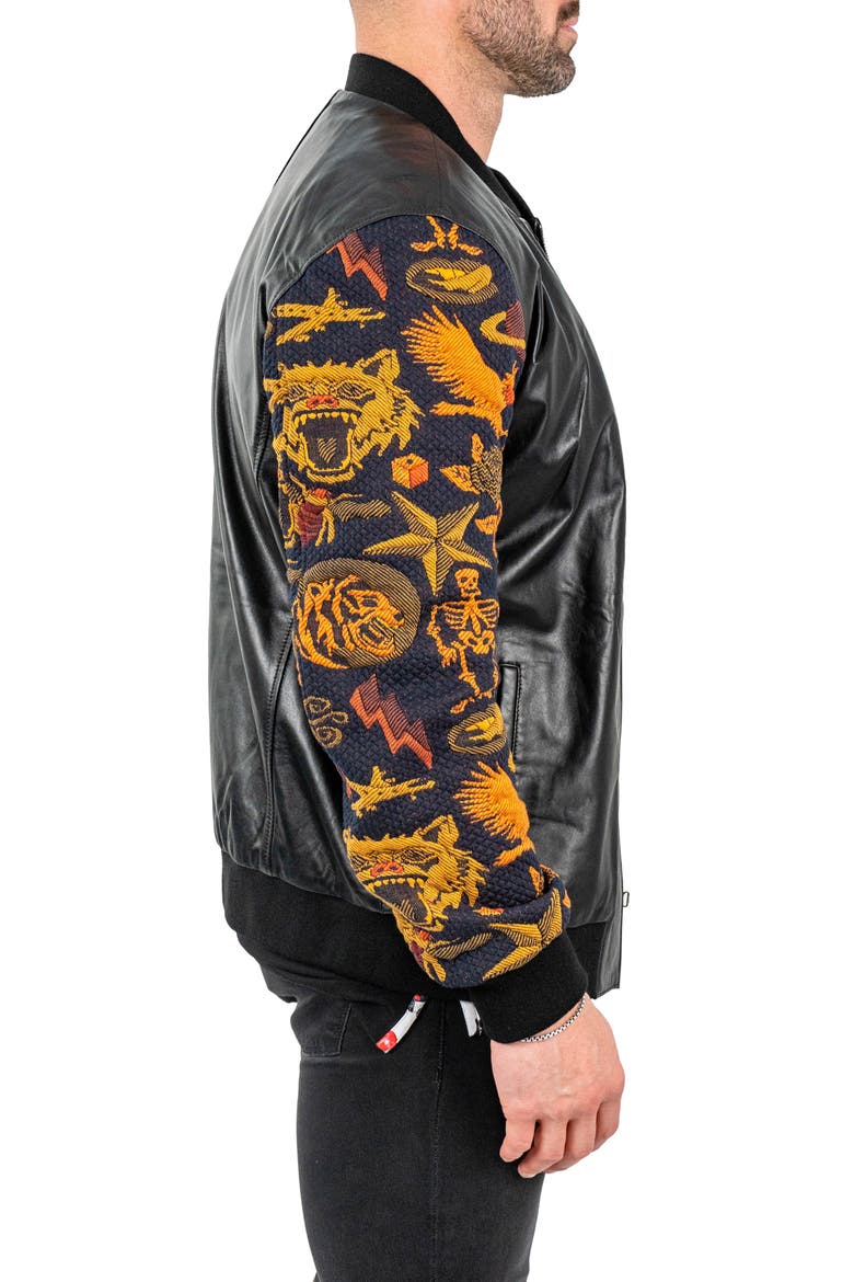 Skull Sleeve Leather Bomber Jacket, Alternate, color, BLACK