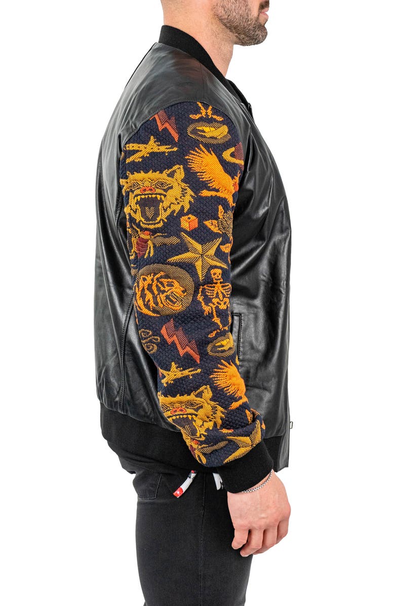 Maceoo Skull Sleeve Leather Bomber Jacket, Alternate, color, Black