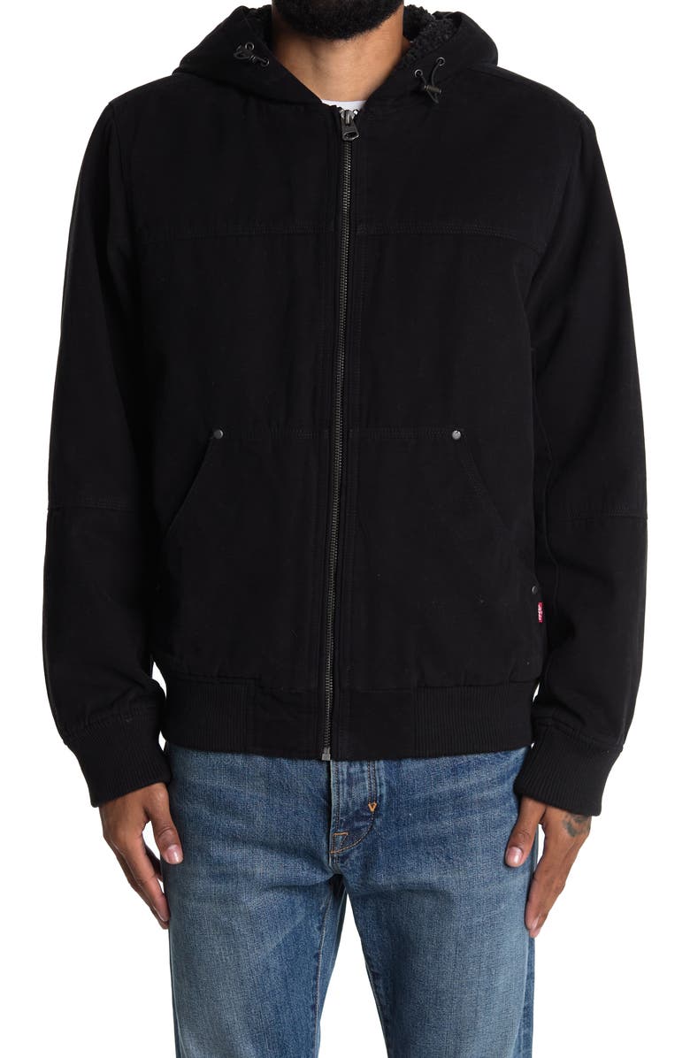 Levi's<sup>®</sup> Workwear Cotton Canvas Faux Shearling Lined Hoodie Bomber Jacket, Alternate, color, Black