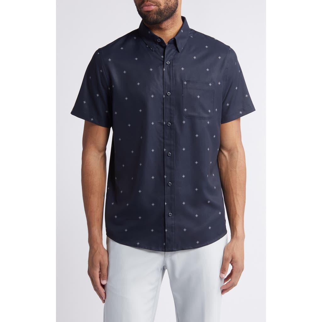Travismathew Olive Branch Geo Print Short Sleeve Button-up Shirt In Total Eclipse