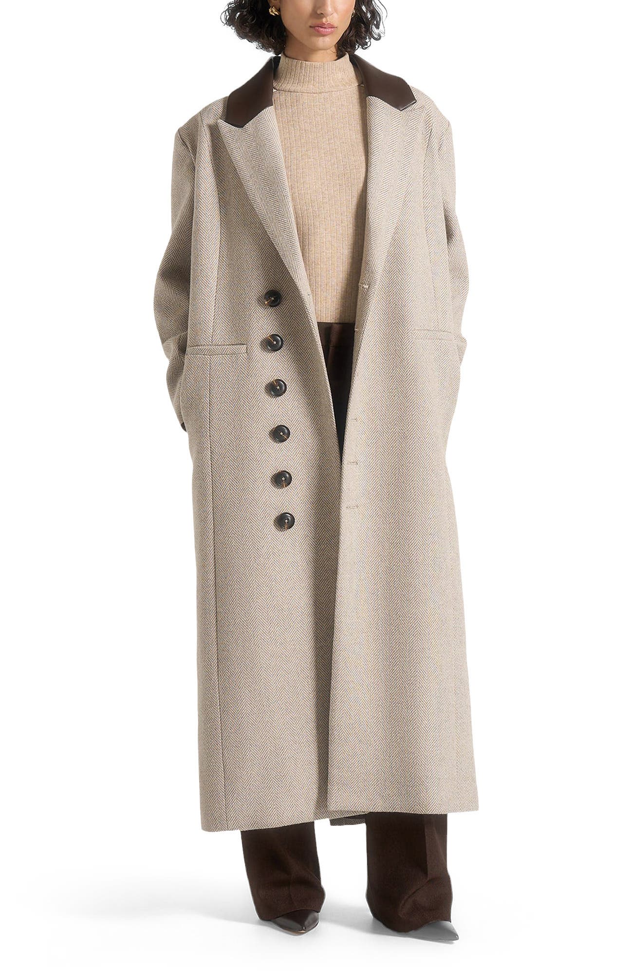 Anissa Herringbone Wool Oversized Coat with Leather Belt