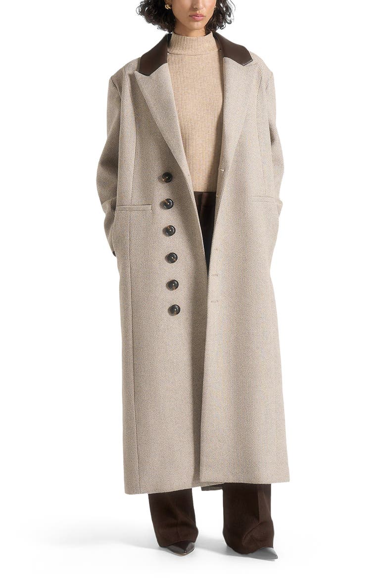 Anissa Herringbone Wool Oversized Coat with Leather Belt, Main, color, Beige