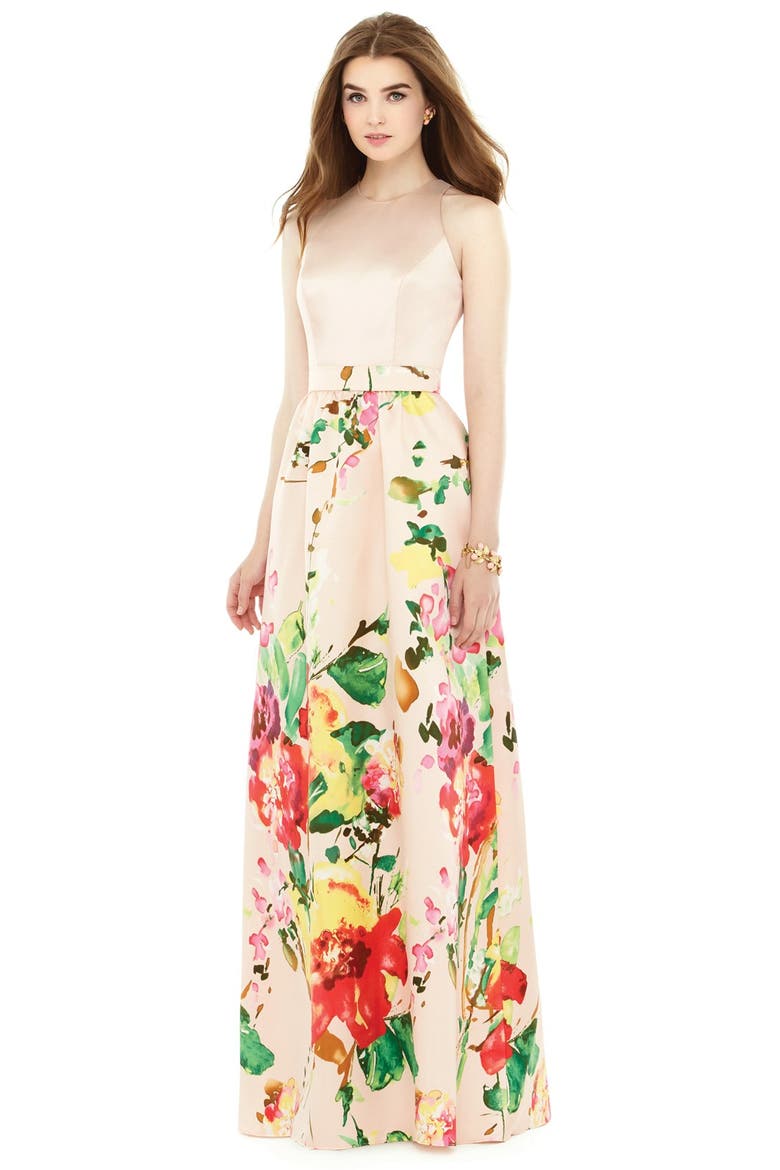 Watercolor Floral Print Sleeveless Sateen A-Line Gown, Main, color, BLUSH BOUQUET
