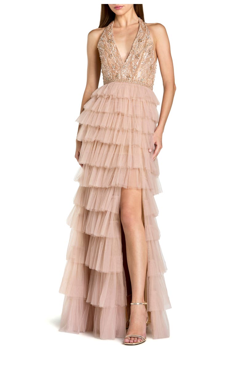 Mac Duggal Beaded Tulle Sleeveless V Neck Ruffle Column Gown, Main, color, Nude