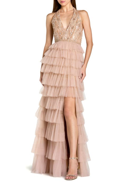 Beaded Tulle Sleeveless V Neck Ruffle Column Gown