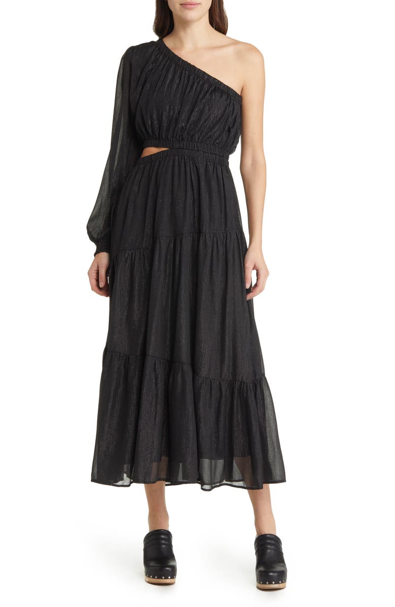 MOON RIVER One-Shoulder Cutout Midi Dress, Main, color, Black