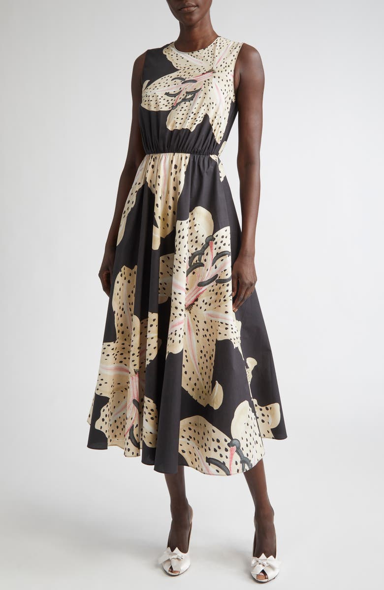 Giambattista Valli Tiger Lily Print Sleeveless A-Line Dress, Alternate, color, Black/ Ivory