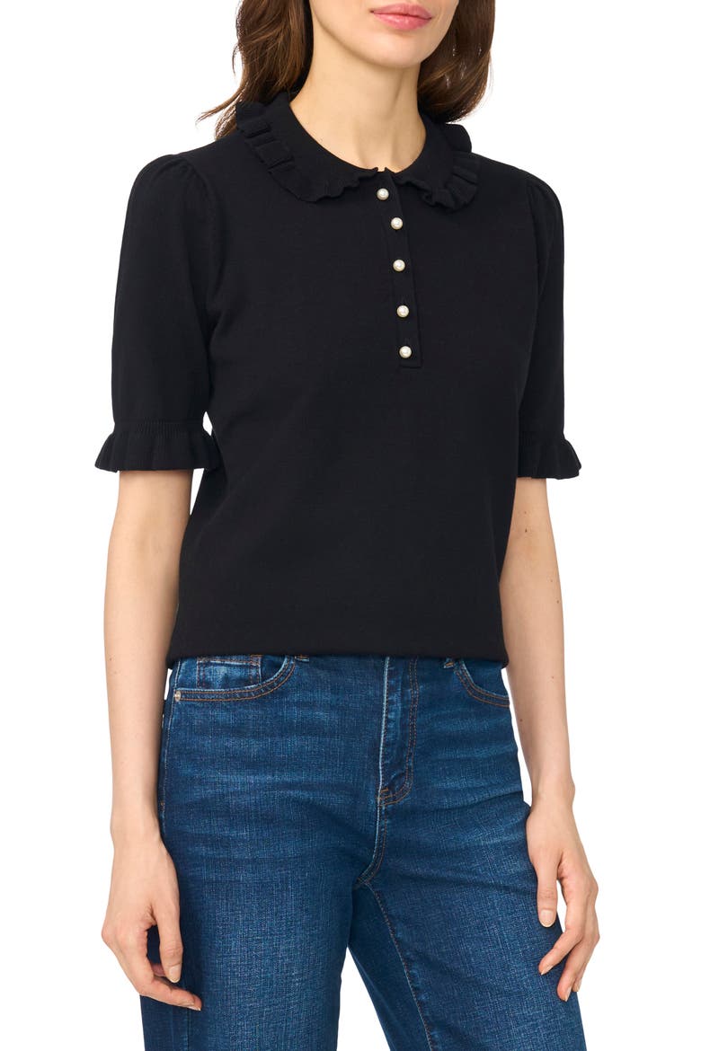 Ruffle Collar Short Sleeve Polo Sweater, Main, color, RICH BLACK