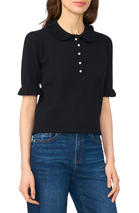 Ruffle Collar Short Sleeve Polo Sweater