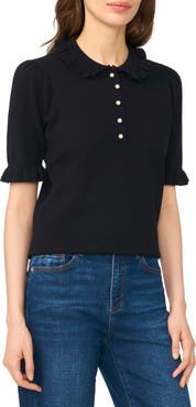CeCe Ruffle Collar Short Sleeve Polo Sweater