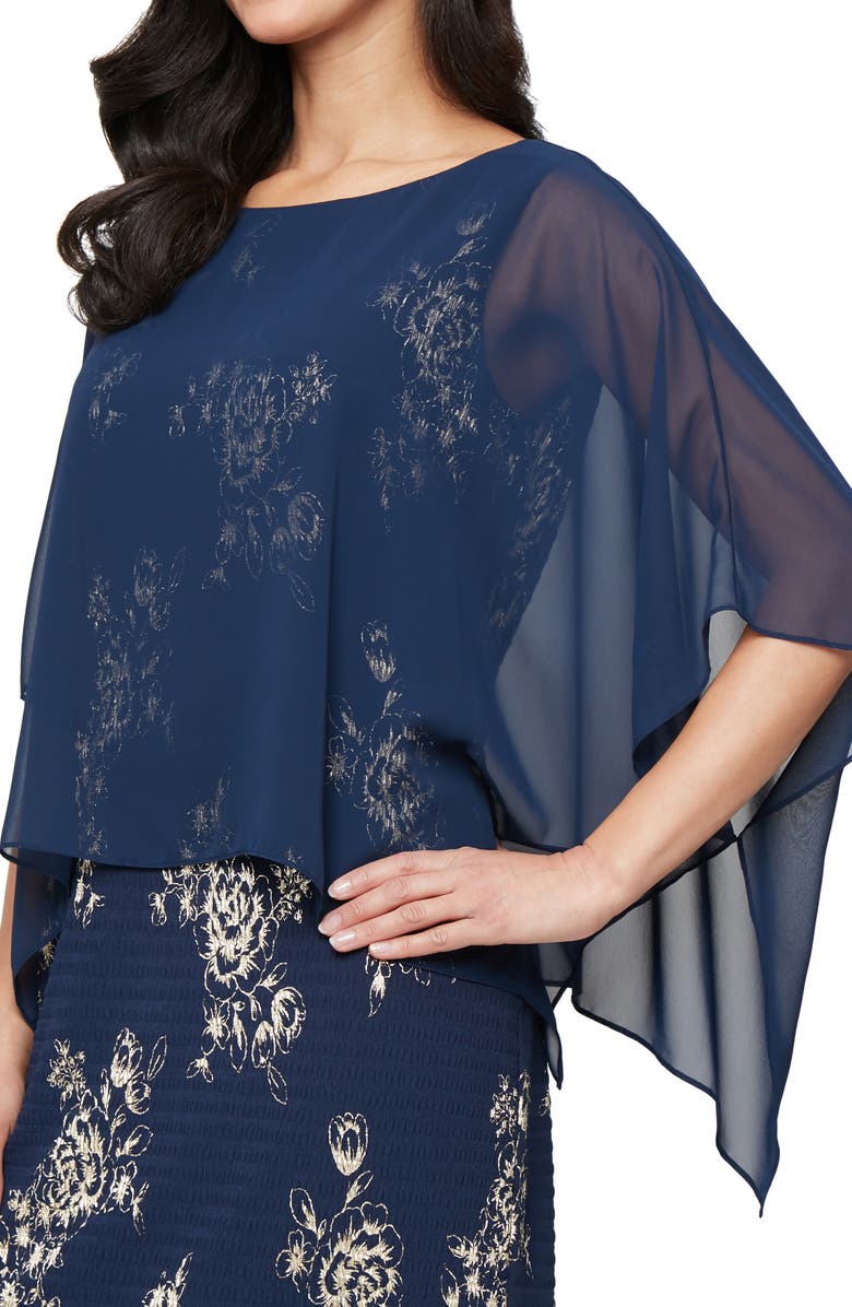 SL FASHIONS Foil Print Chiffon Overlay Cocktail Dress, Alternate, color, Navy Gold