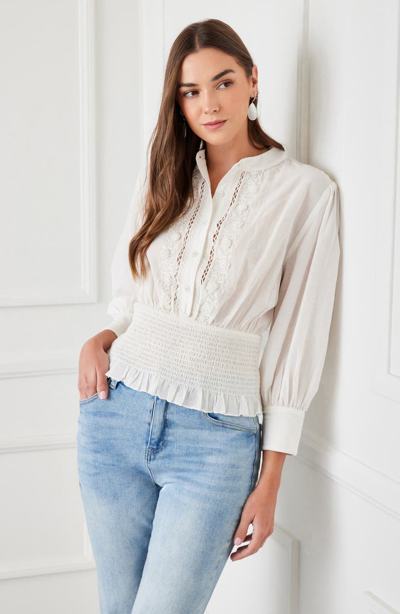 Karen Kane Embroidered Smocked Waist Woven Shirt, Alternate, color, Cream