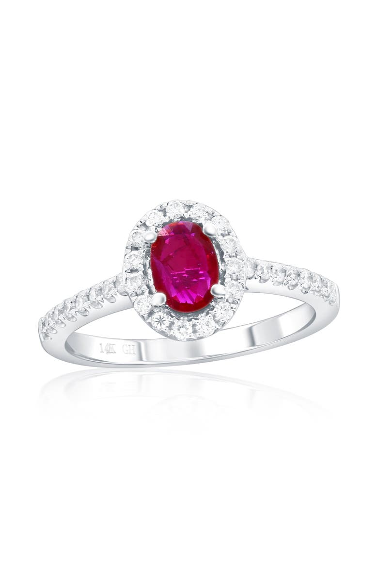 14K White Gold Oval Ruby & Diamond Halo Ring, Main, color, Red