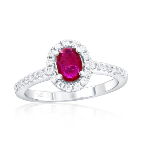 14K White Gold Oval Ruby & Diamond Halo Ring