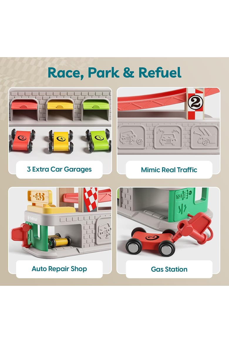 Wooden Kids Race Track Toy Montessori Car Ramp Set with 4 Cars and Garage, Alternate, color, Multicolor