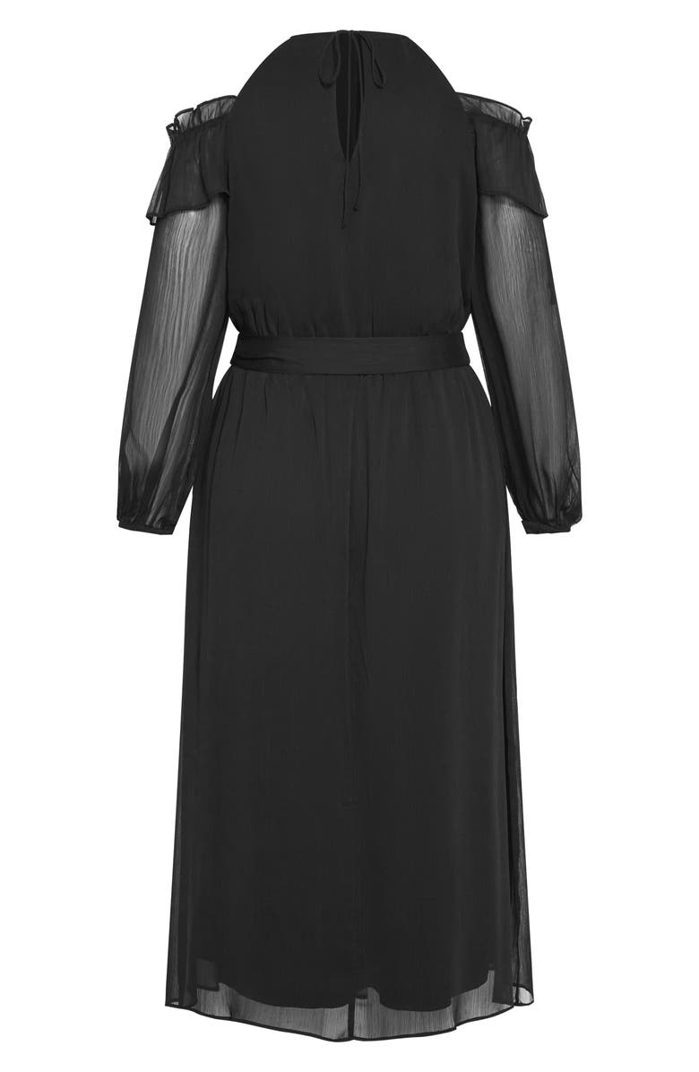 City Chic Nikita Rosette Tie Waist Cold Shoulder Long Sleeve Chiffon Midi Dress, Alternate, color, 