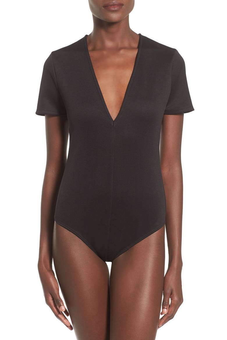 Plunge Neck Bodysuit, Alternate, color, BLACK