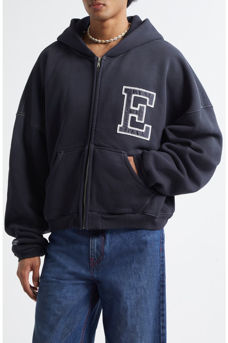 Gender Inclusive Oversize Varsity Zip Hoodie, Alternate, color, BLACK