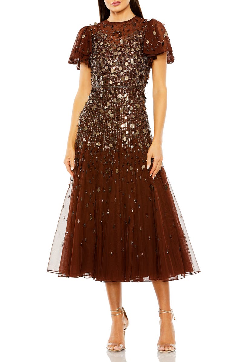 Mac Duggal Flutter Sleeve Sheer Top Beaded Dress, Main, color, Espresso