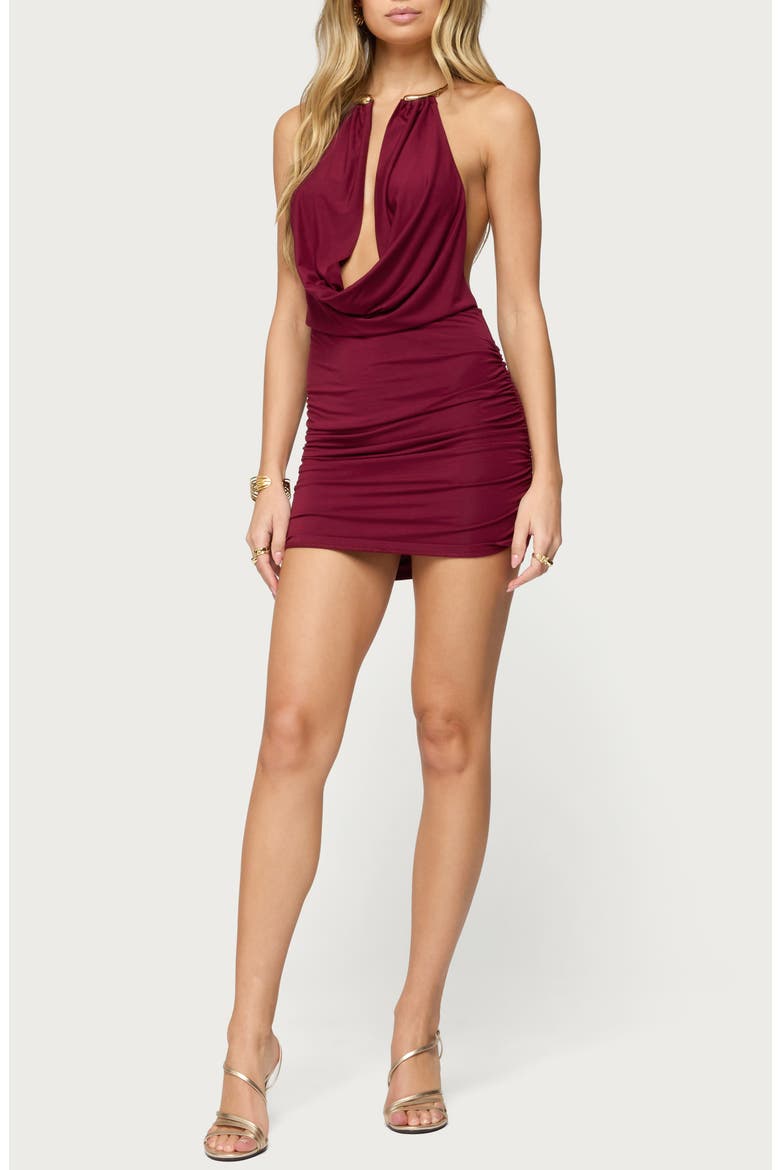 Keily Choker Cowl Neck Open Back Halter Minidress, Main, color, BURGUNDY