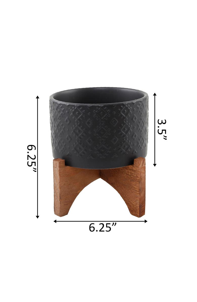 FLORA BUNDA 6" Ceramic Planter on Wood Stand - Matte Black, Alternate, color, 