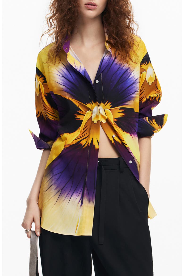 Pensee Lacroix Pansy Print Cotton & Lyocell Button-Up Shirt, Main, color, YELLOW MIX