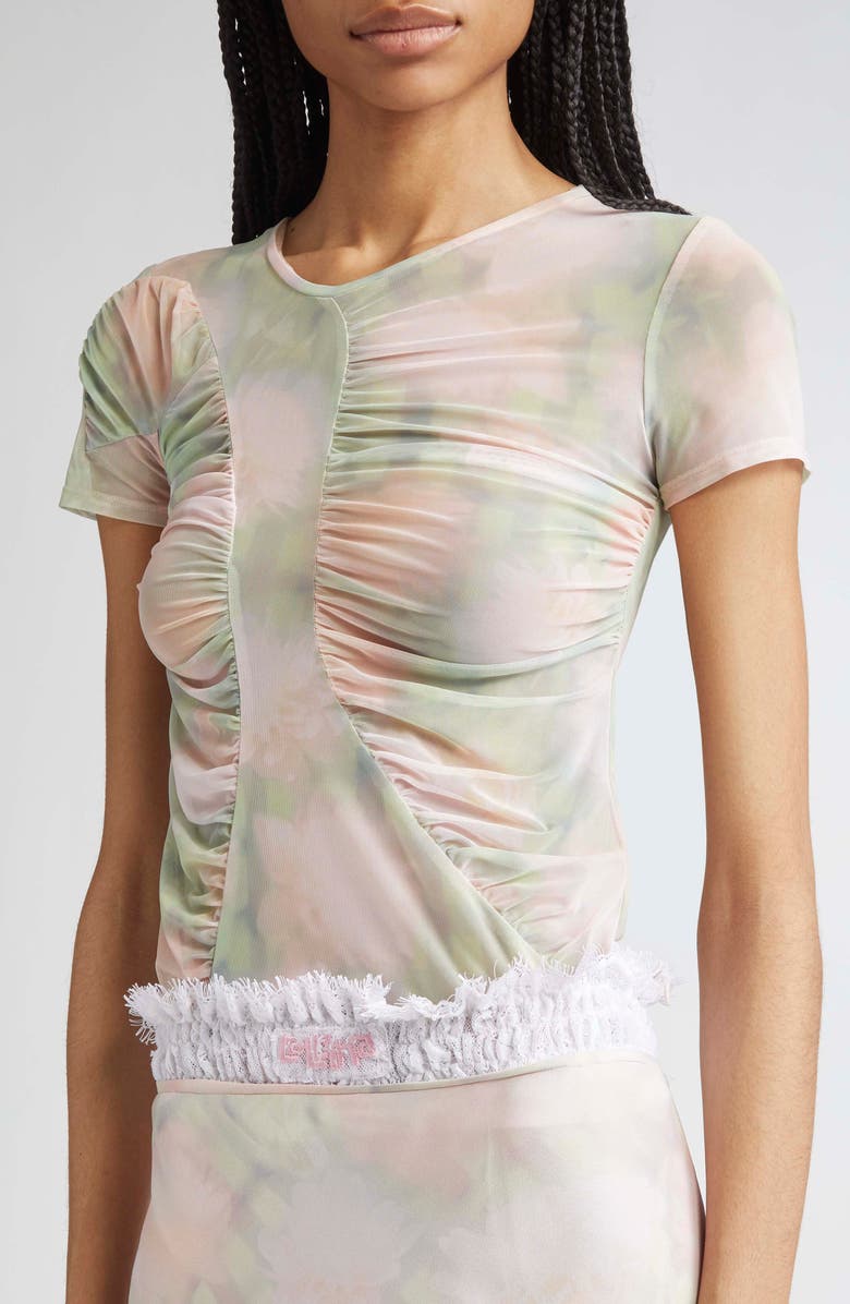 Collina Strada Serpentine Short Sleeve Ruched Mesh Top, Alternate, color, Washed Daisy Plaid