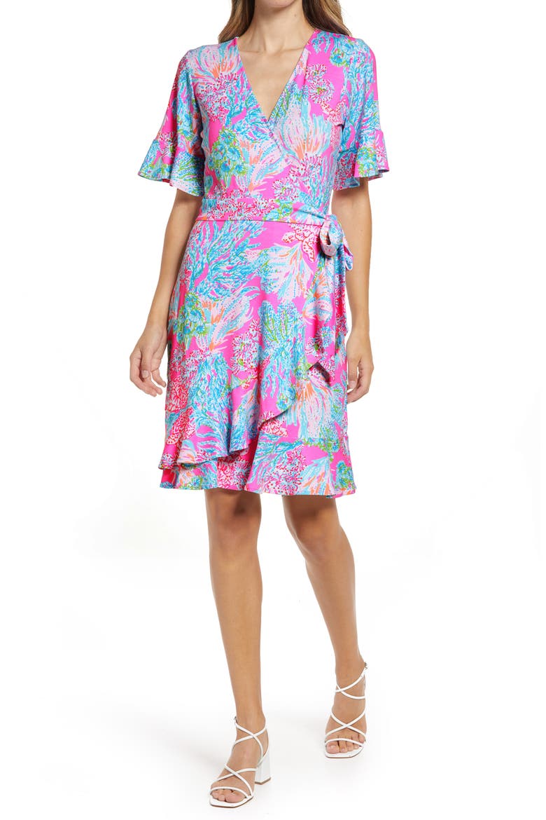 Isella Print Wrap Dress, Main, color, PROSECCO PINK SEAING THINGS